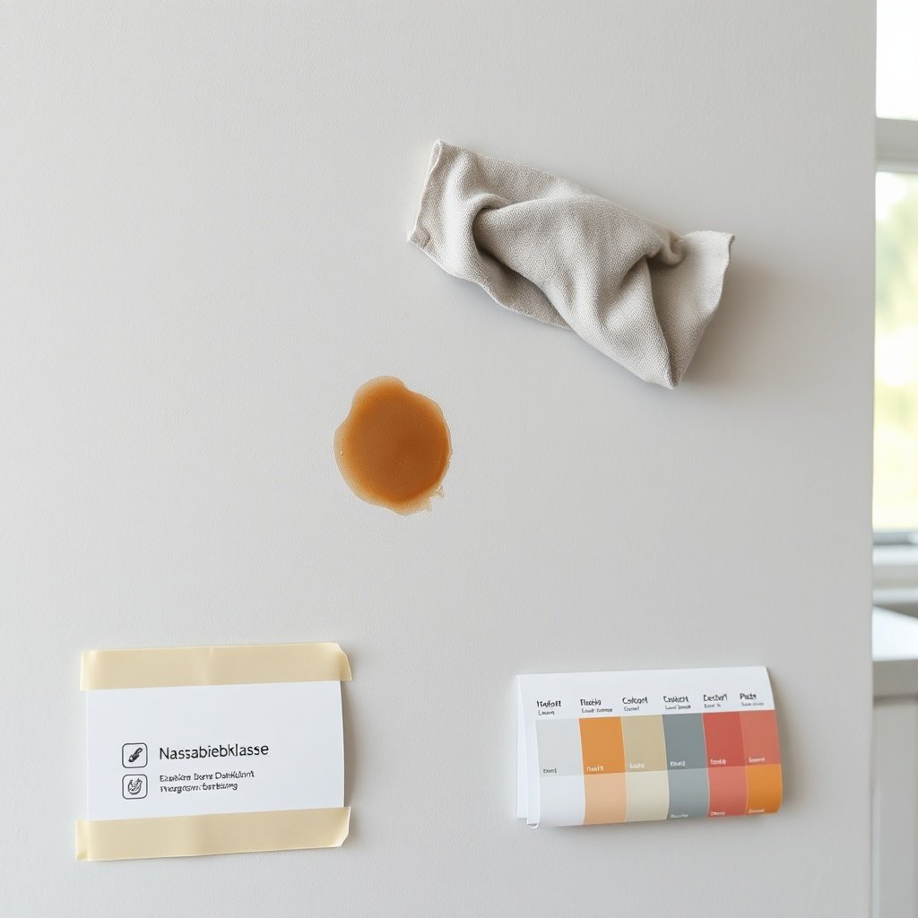 Dampftuch wischt kleinen Fleck von mattgrauer Testwand, mit Farbmuster und abwaschbare Wandfarbe.