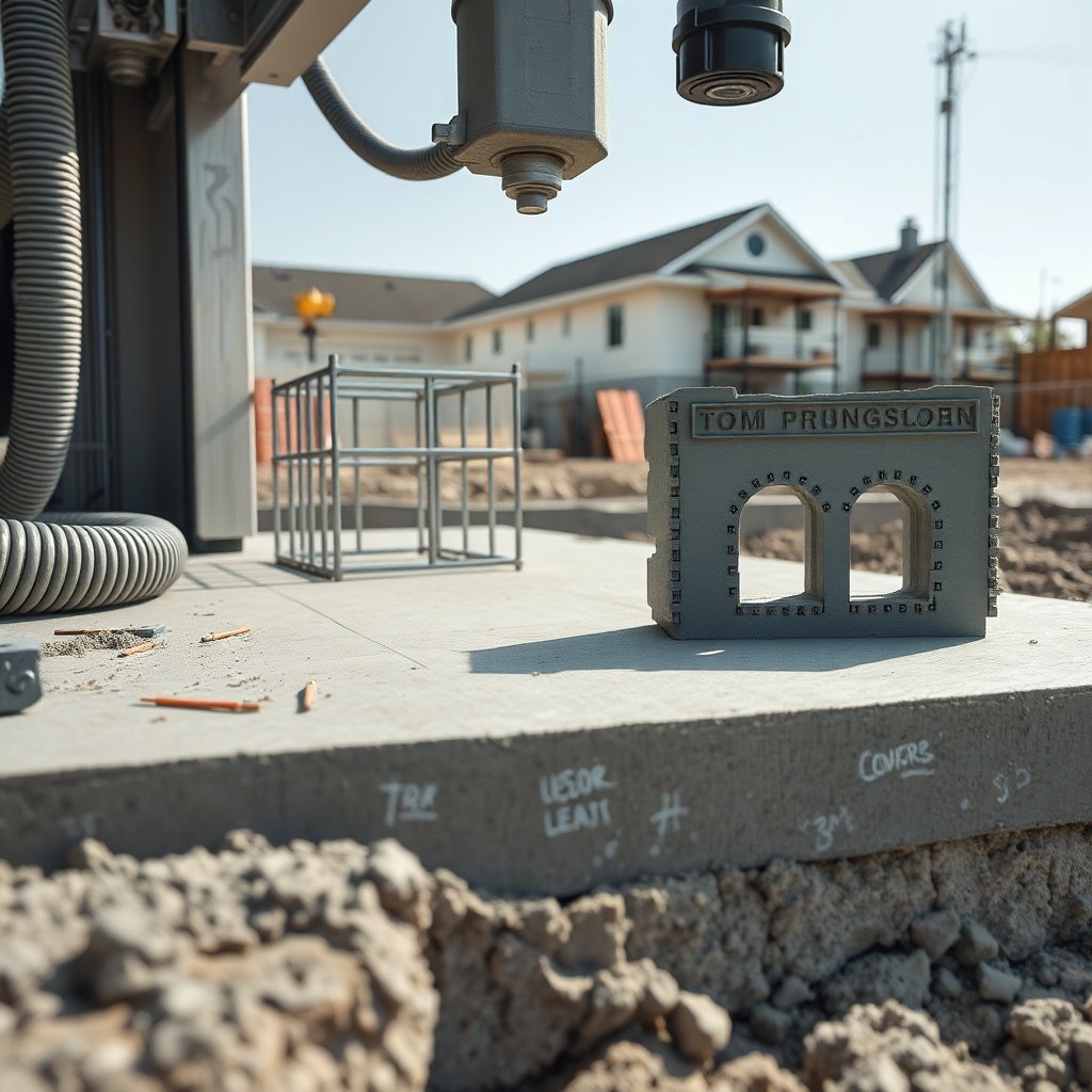 hausbau mit 3d drucker: Beton-3D-Drucker druckt frische Hauswand auf Fundament, Nahaufnahme