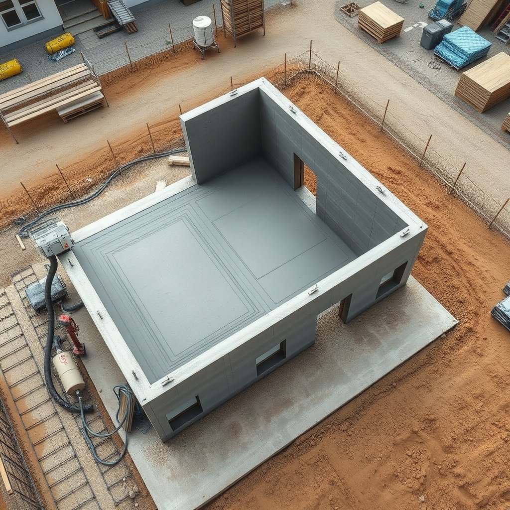 hausbau mit 3d drucker: Portal-Betondrucker baut Wände auf Fundament, mit Bewehrung und Fensteröffnungen.