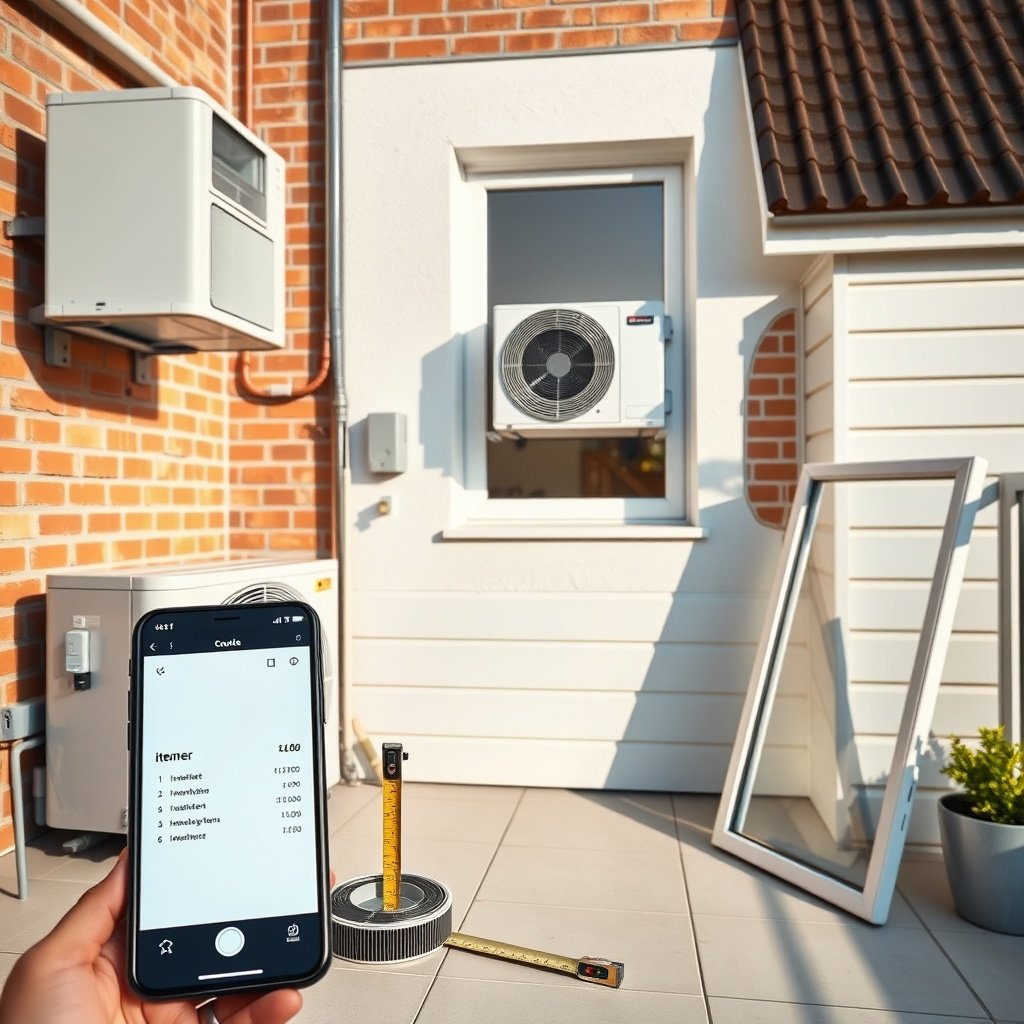 klimaanlage im haus: Außengerät an Wand, Innengerät am Fenster, Smartphone, Maßband und Wasserwaage.