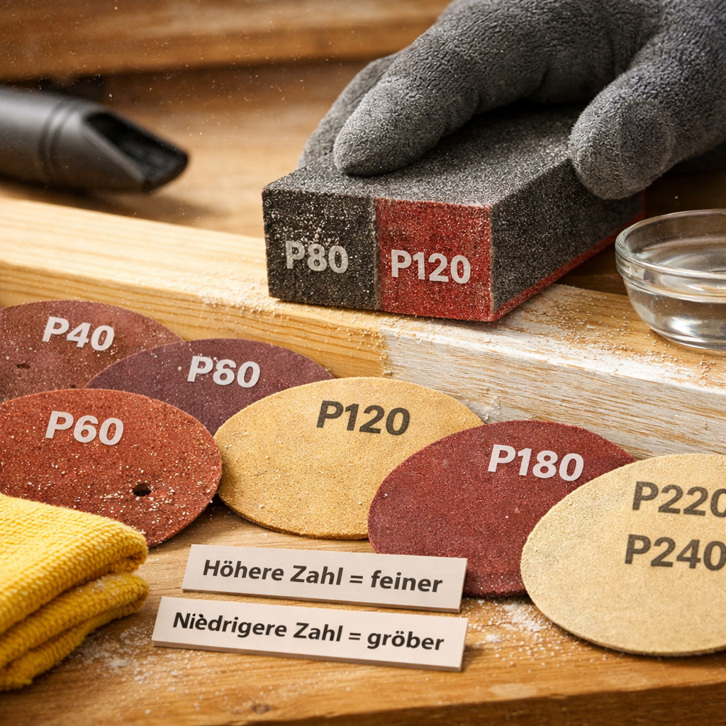 Makro: Handschuh schleift Holz mit Schleifpapier Körnung; daneben Körnungen von P40 bis P240.