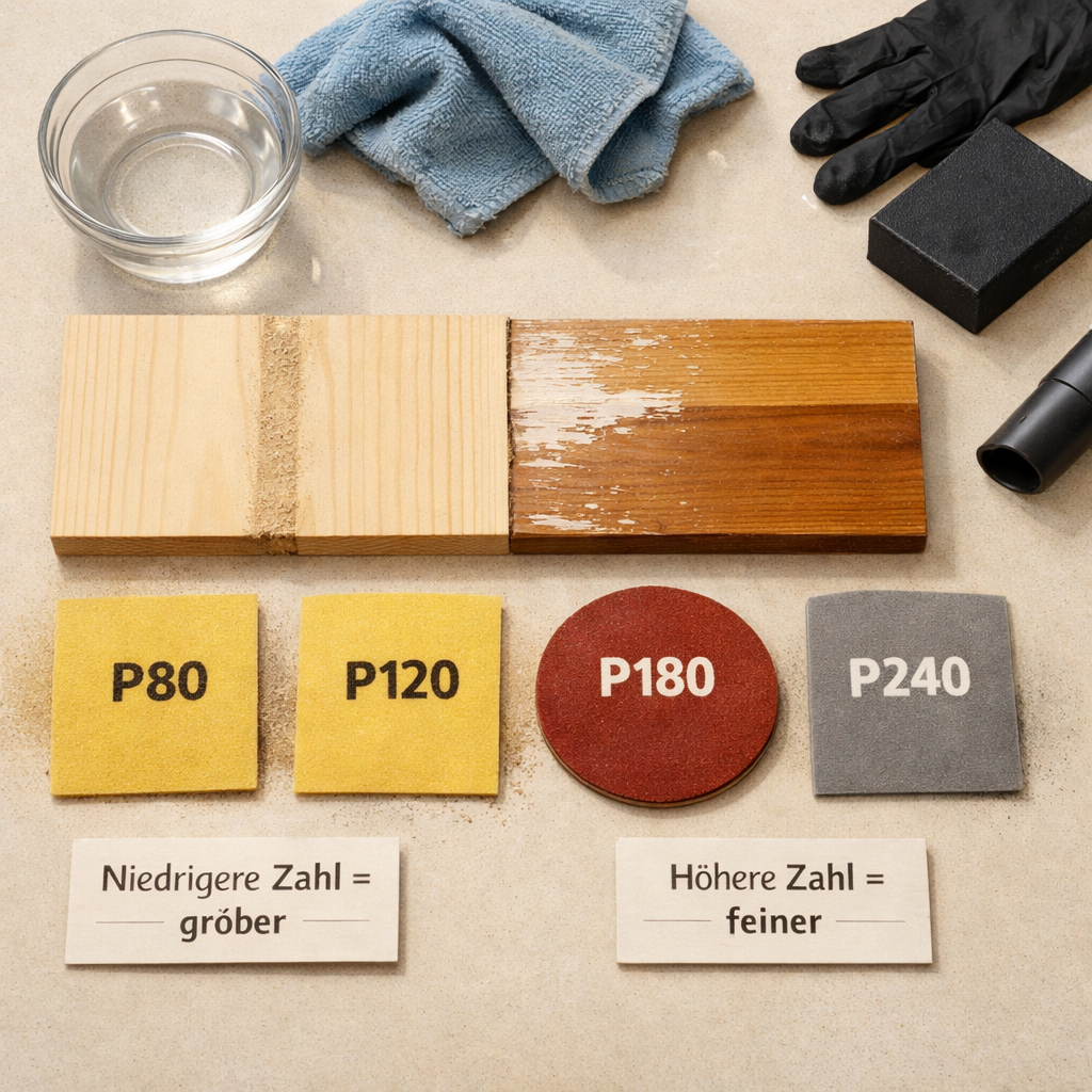 Schleifpapier Körnung im Vergleich: grob bis fein auf Holz, mit Wasser, Staub und Werkzeugen.