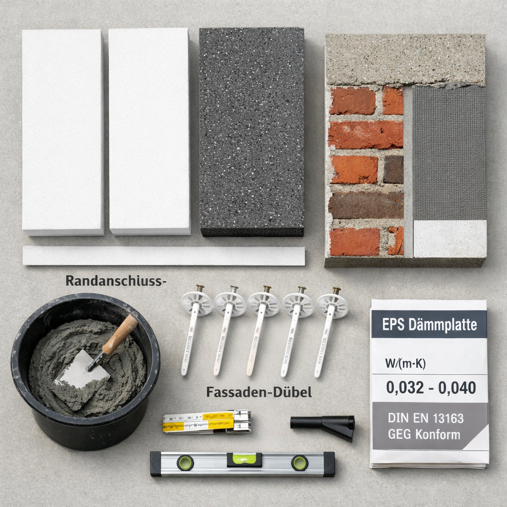 eps dämmstoffe, EPS-Platten, Dübel, Klebemörtel und Maßband auf sauberem Fassadenbau-Arbeitstisch.