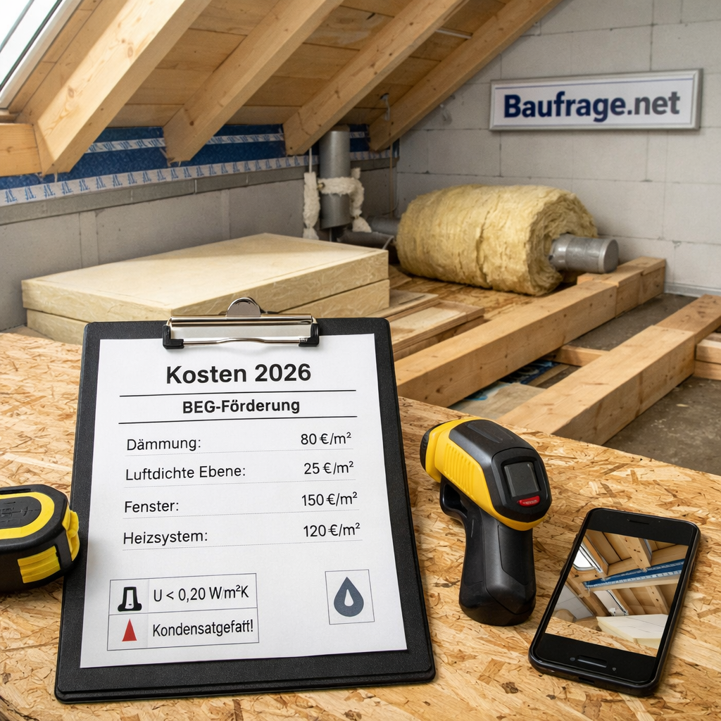 Werkzeug und Dämmmaterial im deutschen Dachboden, obere geschossdecke dämmen, Kostenzettel auf Clipboard