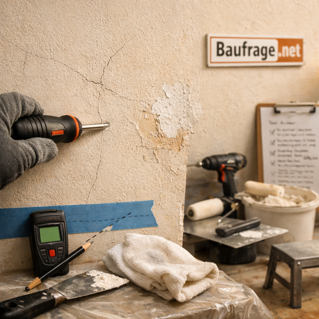 Hand prüft Risse an Innenwand; Werkzeuge zum wand verputzen innen liegen auf Abdeckfolie.