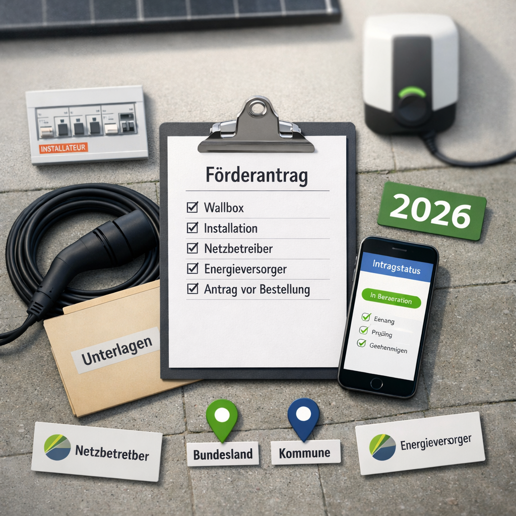 wallbox förderung 2026: Förderantrag, Smartphone-Status, Unterlagen, Kabel und Wallbox an der Garage.