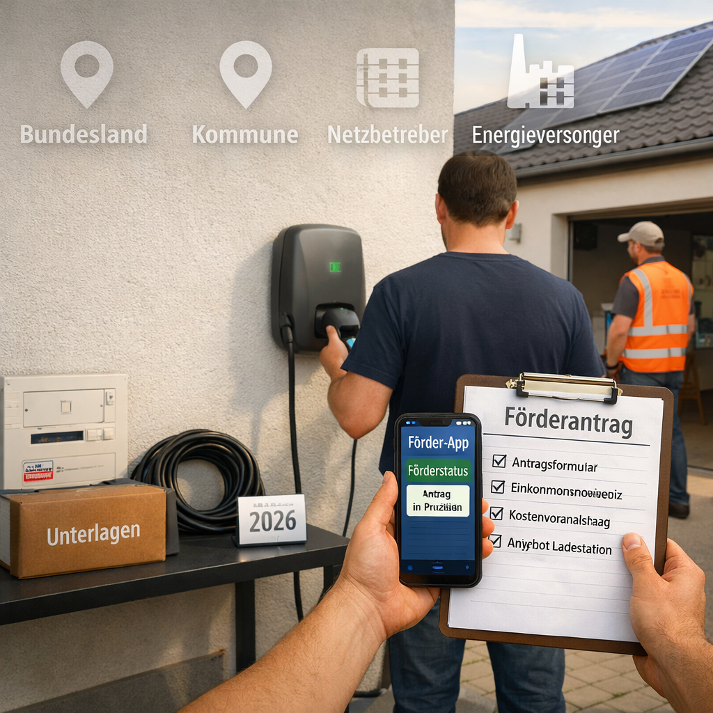 Hausbesitzer prüft wallbox förderung 2026 am EV-Ladepunkt mit Unterlagen und Smartphone.