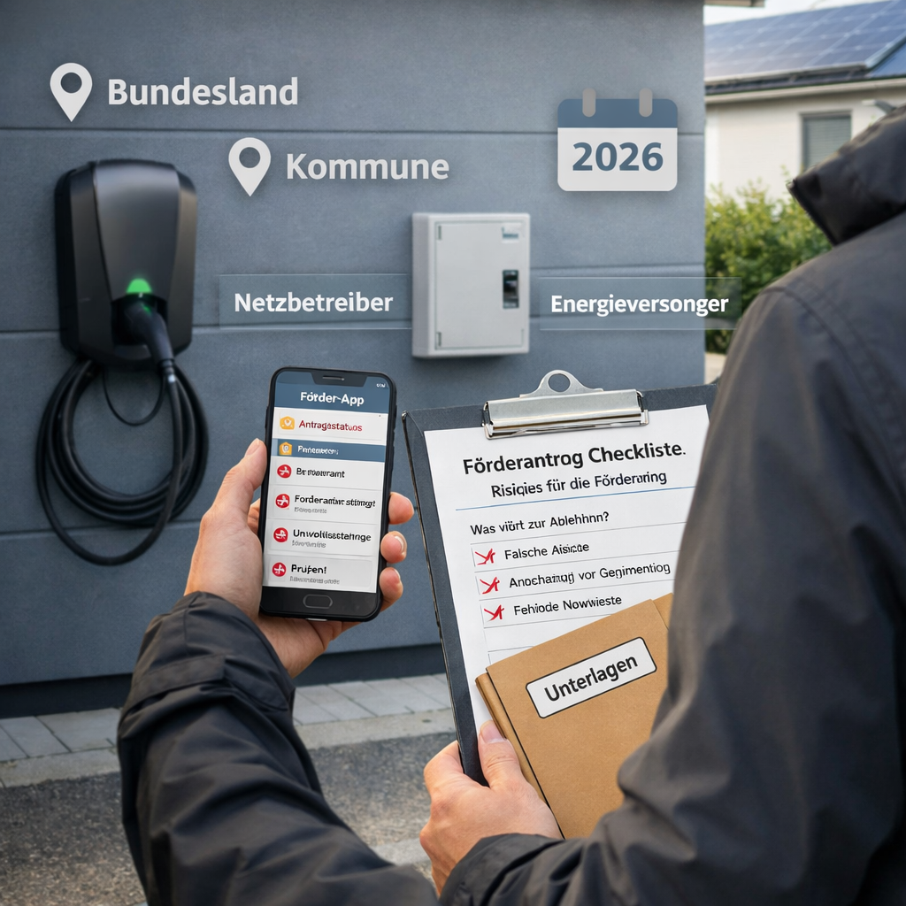Mann prüft Förderantrag am Smartphone neben Wallbox im Hof, wallbox förderung 2026