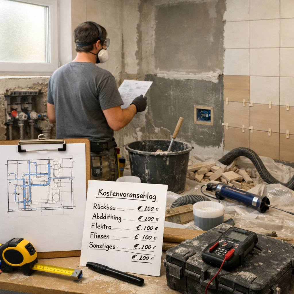 bad renovieren: Techniker prüft Plan im kleinen Bad, mit Rohren, Fliesen und Werkzeugen.