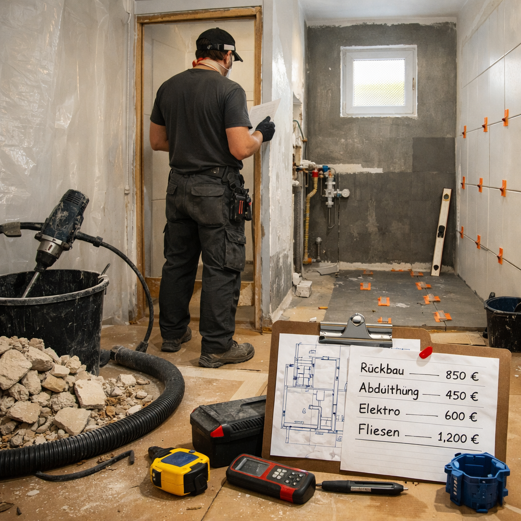 Bad renovieren: kleiner deutscher Badumbau mit Handwerker, Plan, Bauschutt, Rohren und Fliesenarbeiten.