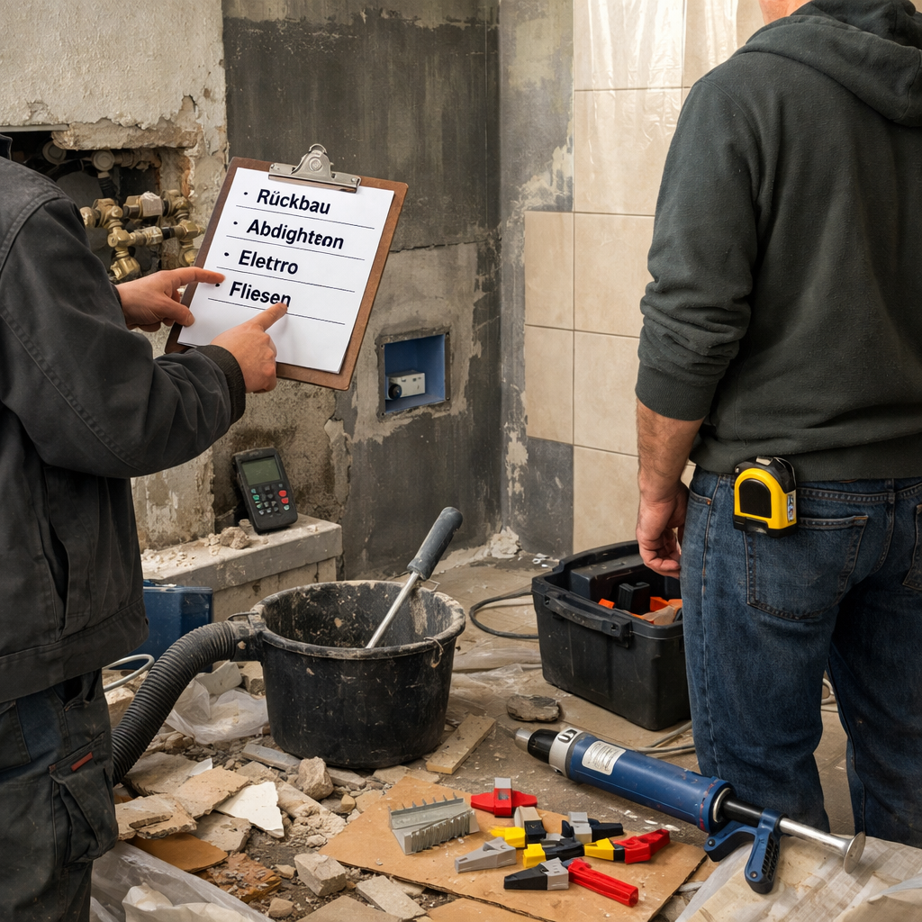 Techniker und Eigentümer im kleinen Bad mit Plan, Bauschutt, Rohren und Fliesenarbeiten, bad renovieren