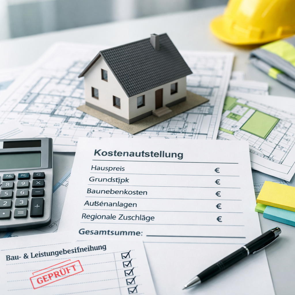 kern haus-Modell auf Bauplänen mit Kostenübersicht, Taschenrechner und Checkliste