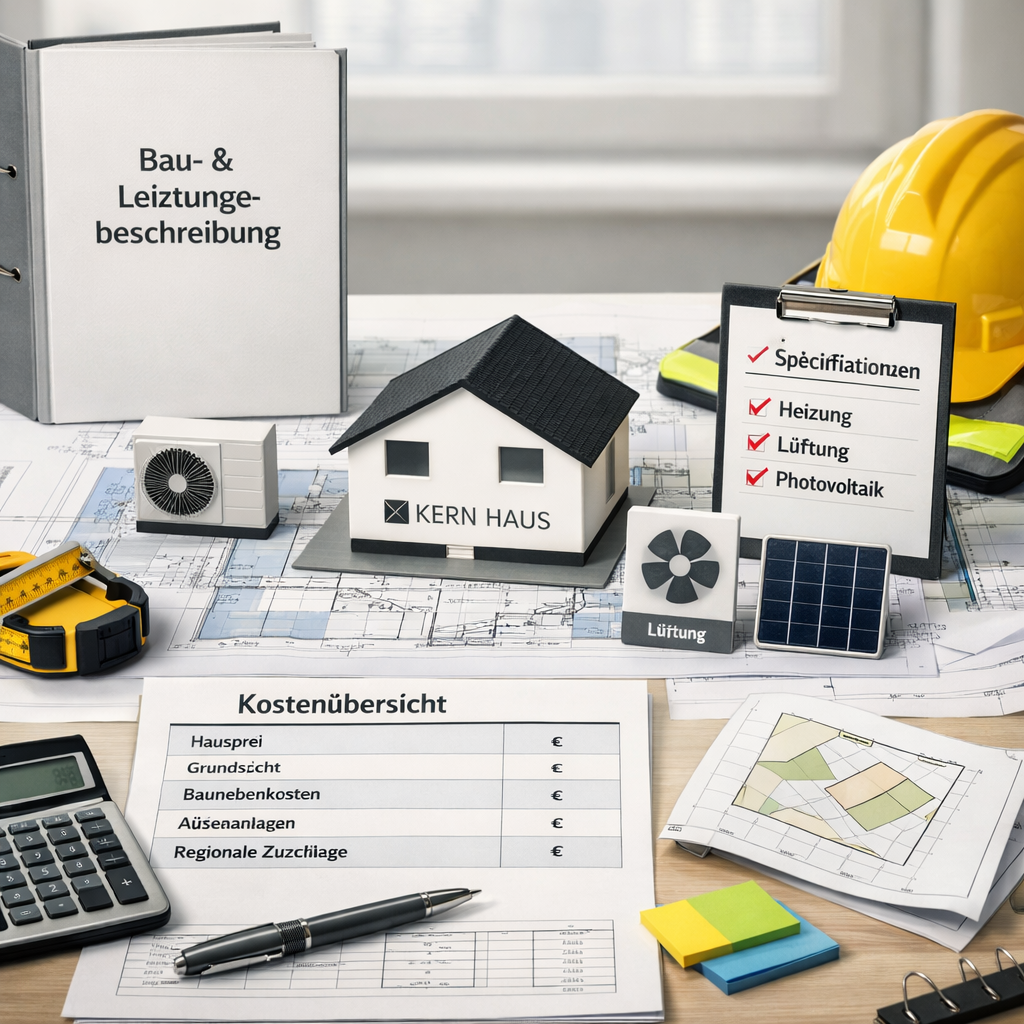 Planungsdesk mit kern haus Modell, Baukostenliste, Blaupausen, Taschenrechner und Energie-Checkliste