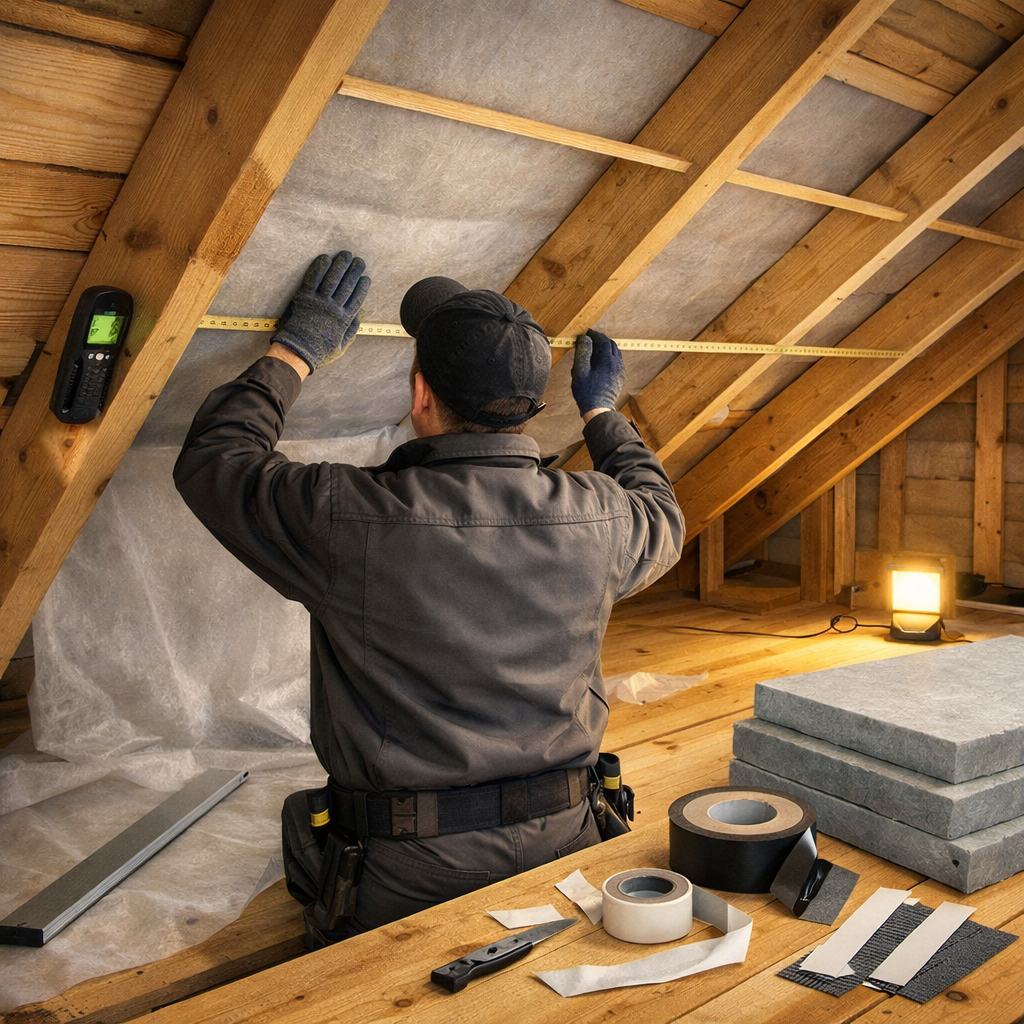 DIY-Hausbesitzer prüft im Dachboden die dämmung dach von innen mit Maßband, Folie und Feuchtigkeitsmesser.