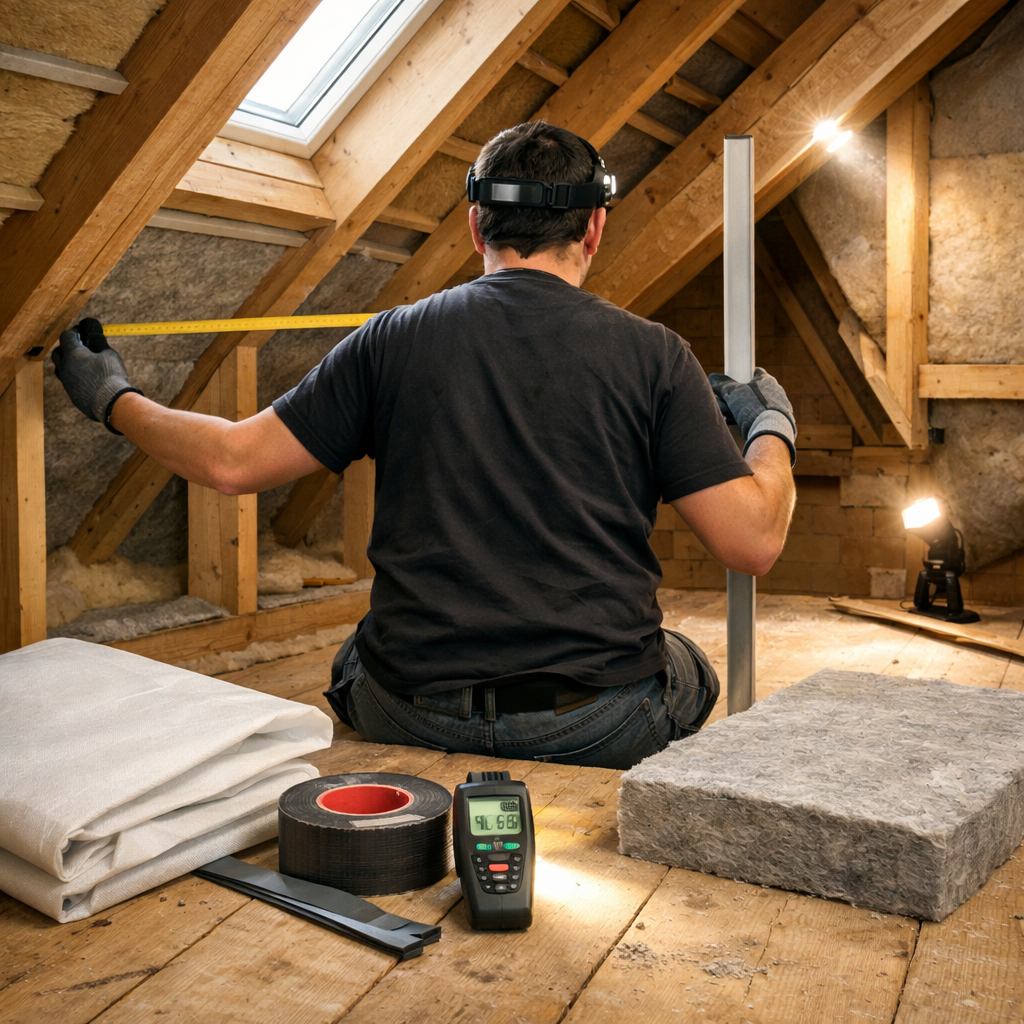 DIY-Hausbesitzer prüft im Dachboden dämmung dach von innen mit Maßband, Folie und Dämmplatte.