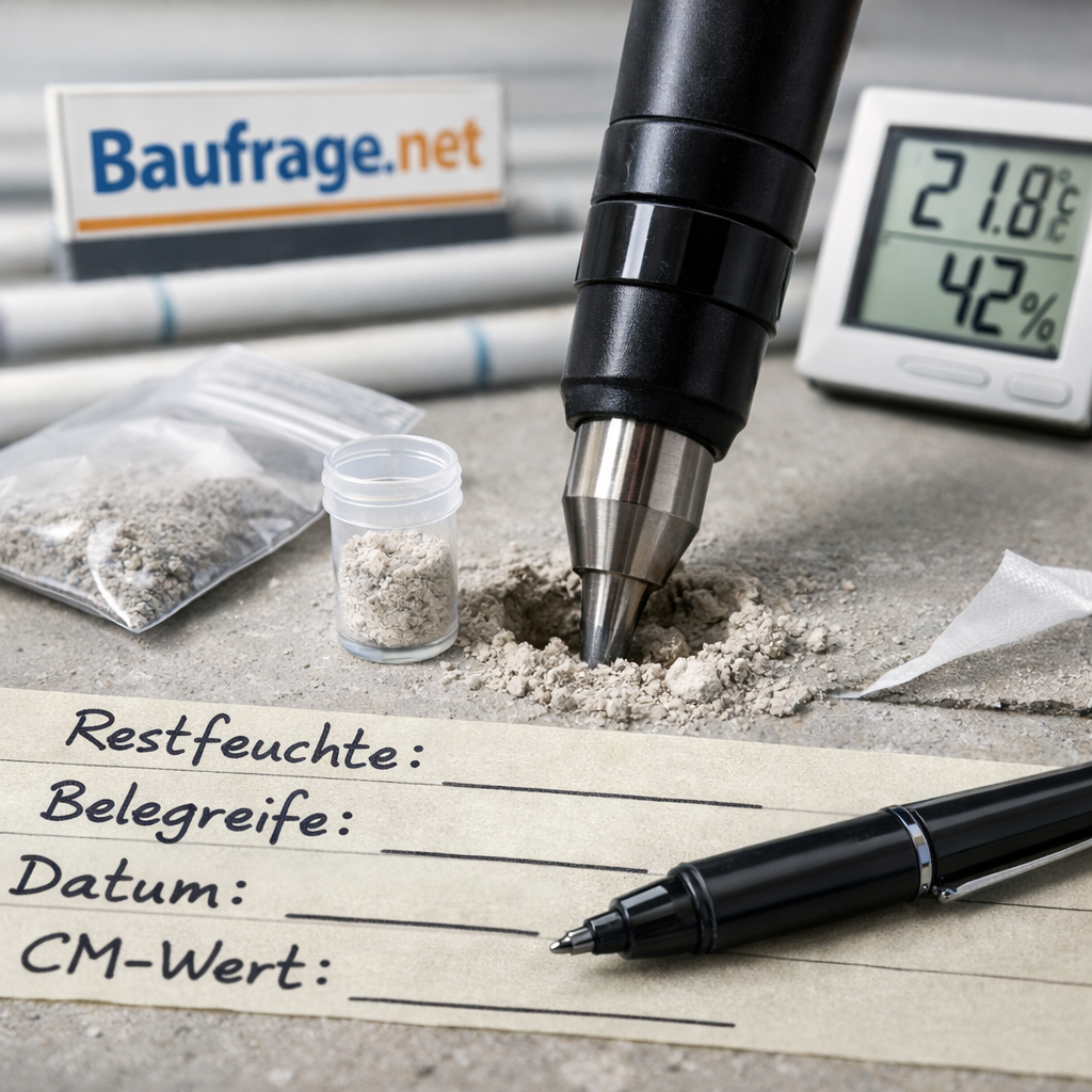 Estrich Trocknungszeit: CM-Messung auf Betonestrich mit Probe, Hygrometer und handschriftlichen Notizen.