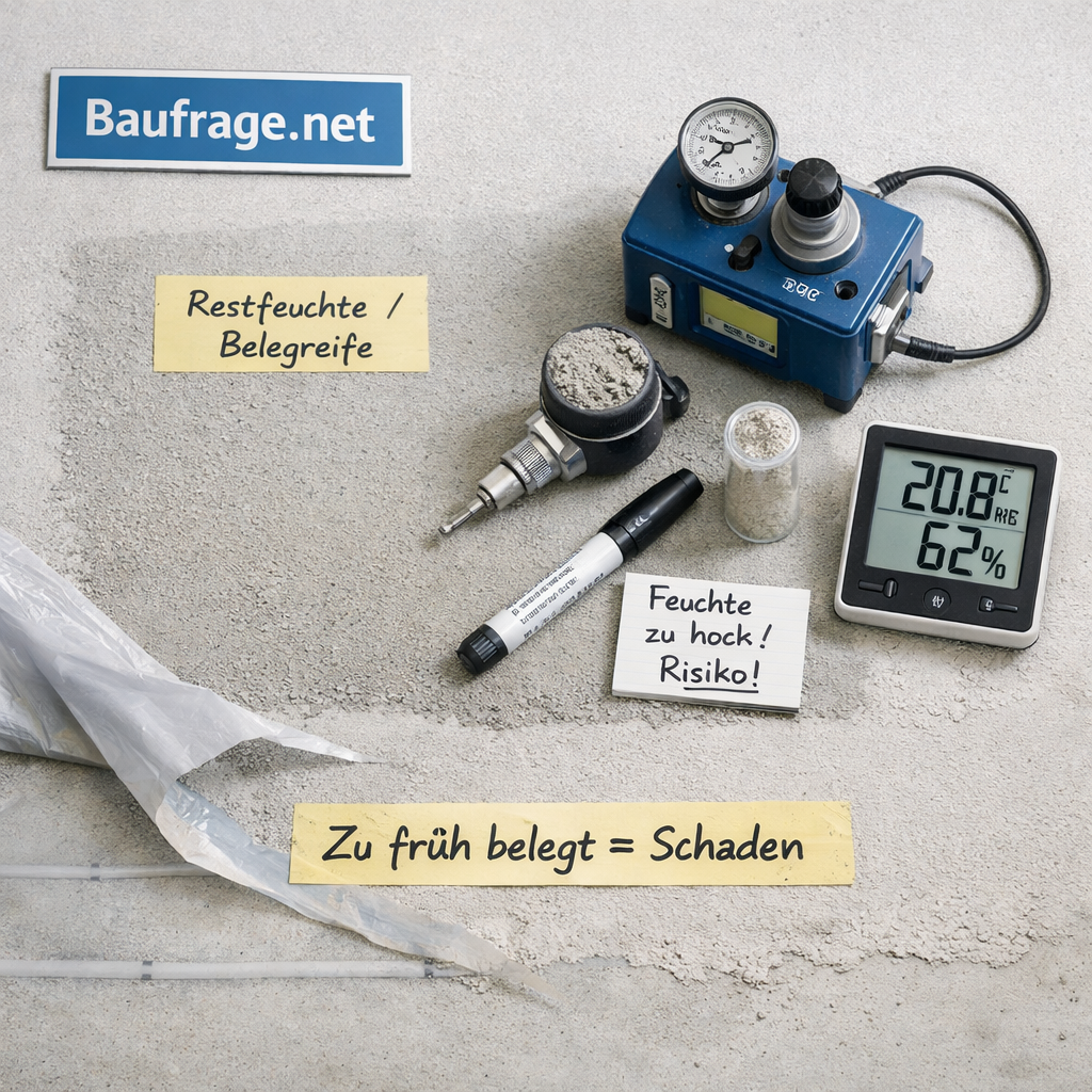 Luftaufnahme eines Estrich-Tests mit CM-Messgerät, Hygrometer und Notiz zu Estrich Trocknungszeit