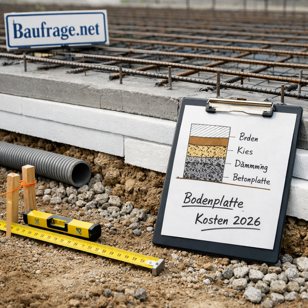 Bodenplatte Kosten: Nahaufnahme einer Baustelle mit Dämmplatten, Bewehrung, Schalung und Maßband.