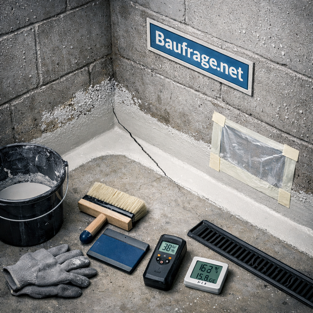 Keller abdichten von innen: feuchte Betonwand mit mineralischer Dichtschlämme, Werkzeugen und Messgerät.