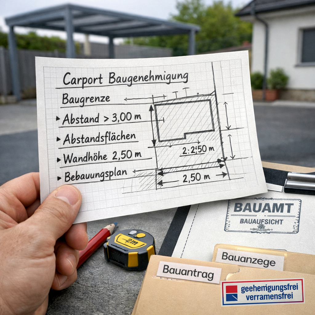 Hand hält Bauplan für Carport Baugenehmigung mit Maßangaben, Zollstock und Carport im Hintergrund