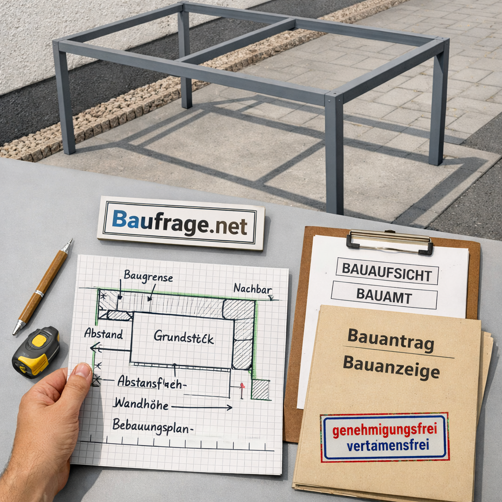 Carport Baugenehmigung: Hand hält Bauplan mit Maßband, Stempel und Carport-Rahmen auf einem Tisch.