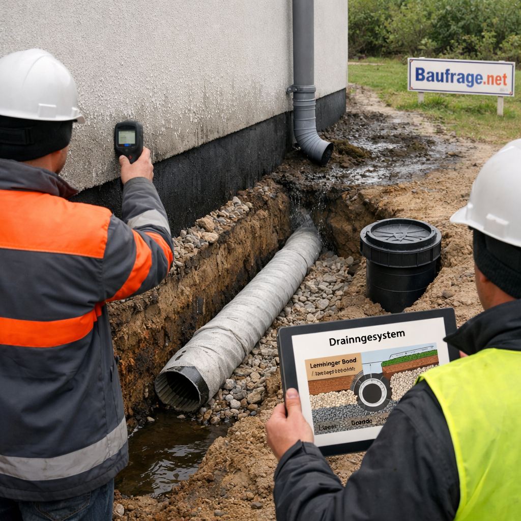 Drainage ums Haus: Offene Kellergrube mit Drainrohr, Kies, nasser Erde und Handwerker prüft Feuchte.