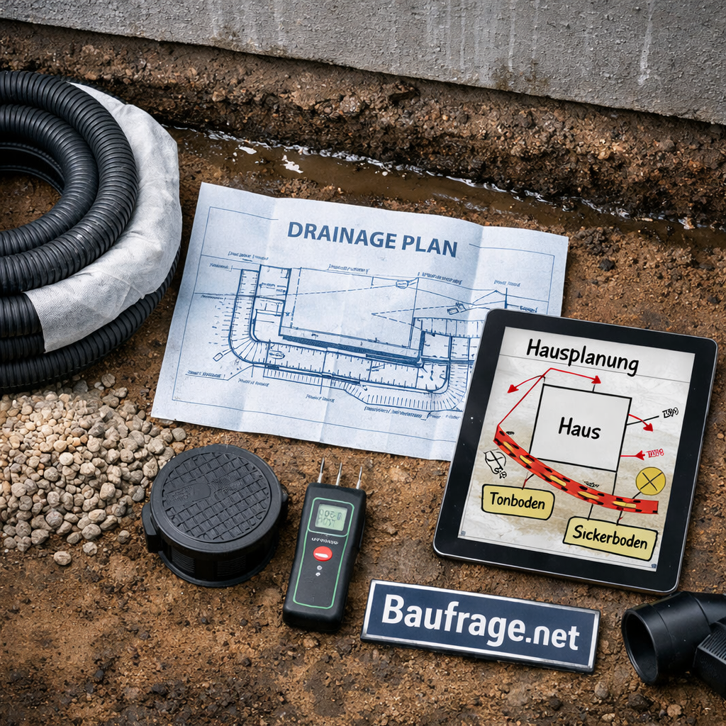 Drainage ums Haus: Luftbild eines Entwässerungsplans mit Rohr, Kies, Schacht, Tablet und Fundamentgraben.