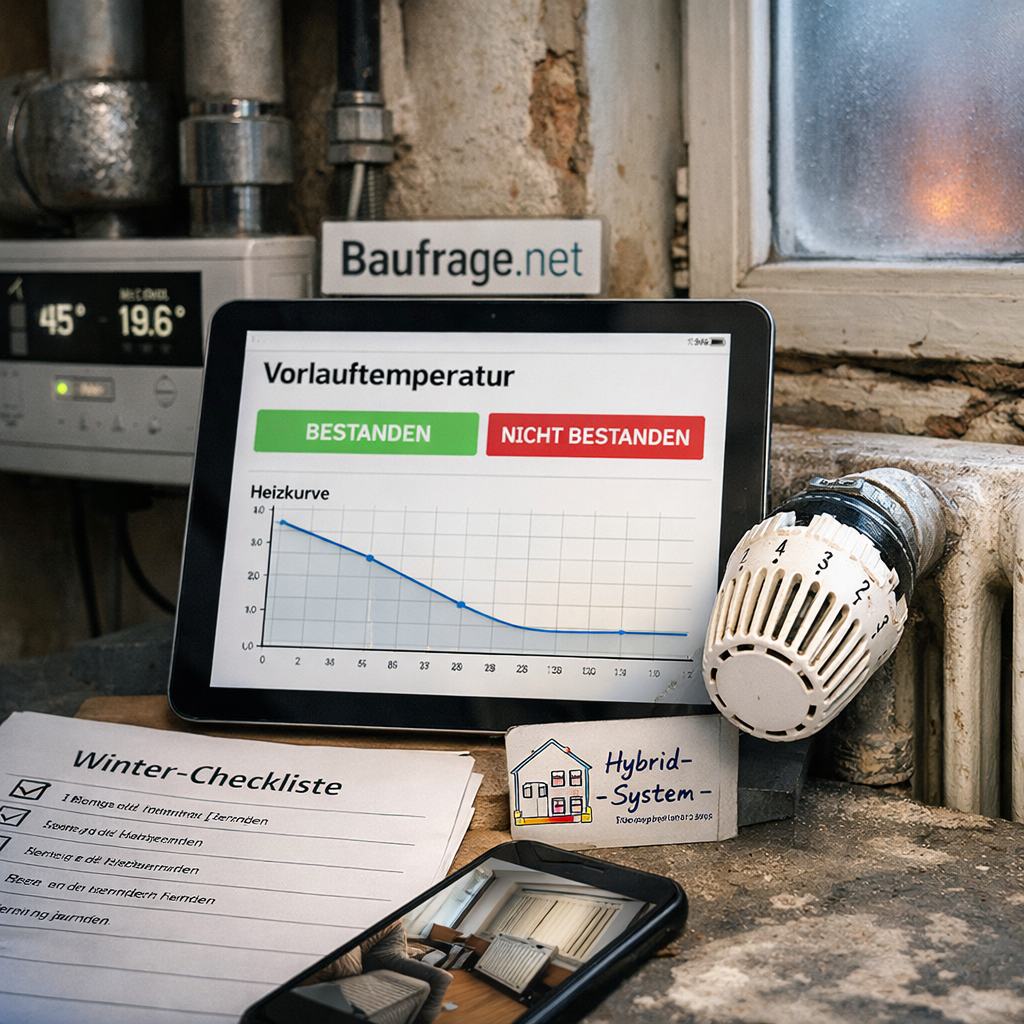 Wärmepumpe Altbau Erfahrungen: Tablet zeigt Vorlauftemperatur, daneben Heizkörperventil und Checkliste.