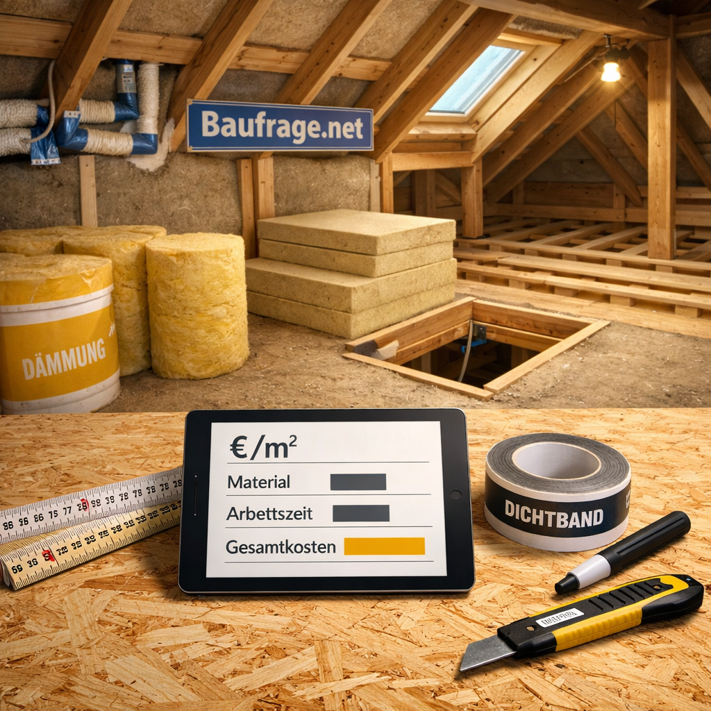 Dachboden dämmen Kosten: Tablet, Dämmmaterial und Werkzeug im ungedämmten Dachboden mit Holzsparren.