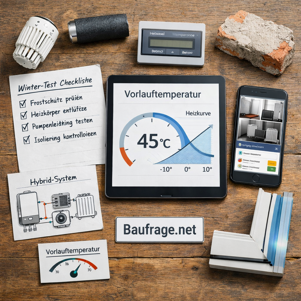Wärmepumpe Altbau Erfahrungen: Draufsicht auf Tablet, Handy, Checkliste und Heizungspläne am Holztisch