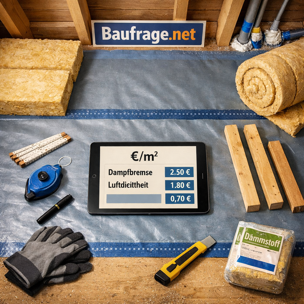 Dachboden dämmen Kosten: Dämmmaterial, Dampfbremse und Werkzeuge im Dachboden von oben ჩანს