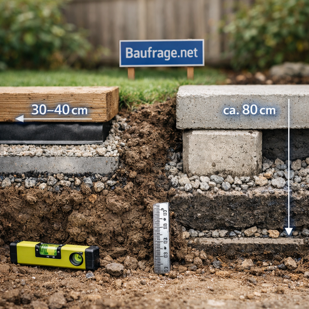 Fundament Gartenhaus im Querschnitt: flaches und tiefes Fundament mit Kies, Beton, Holz und Maßangaben.