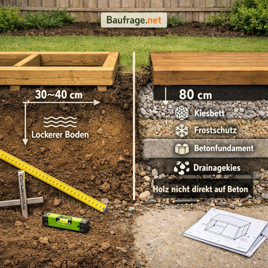 Fundament Gartenhaus: Vergleich von flachem und tiefem Schuppenfundament mit Maßband, Kiesbett und Holzrahmen.