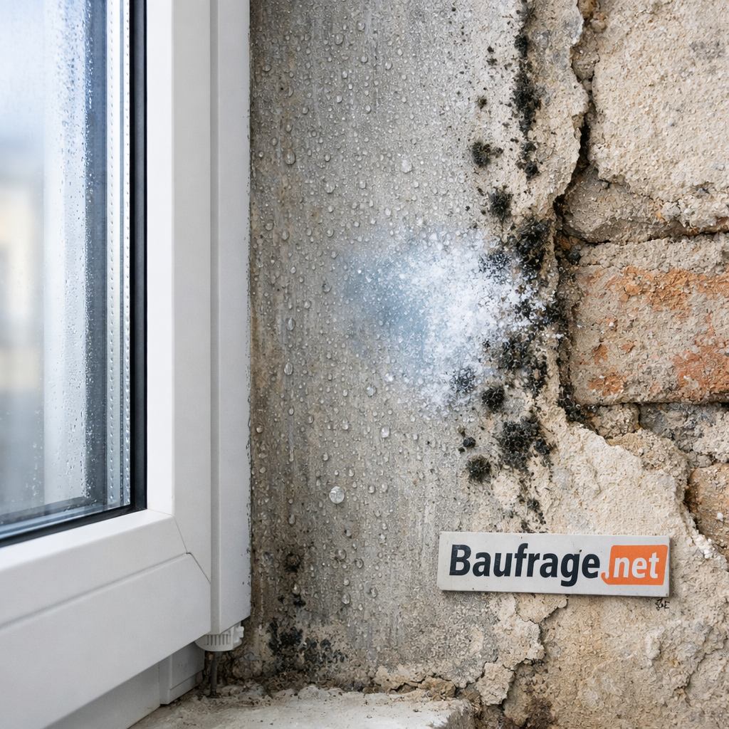 Schimmel nach Fenstertausch an Altbau-Fensterlaibung: feuchte Putzkante, Kondenswasser, dunkle Flecken.