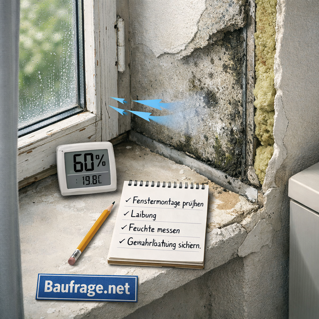 Altbau-Fenster mit feuchter Laibung, Schimmelspuren und Hygrometer; Schimmel nach Fenstertausch