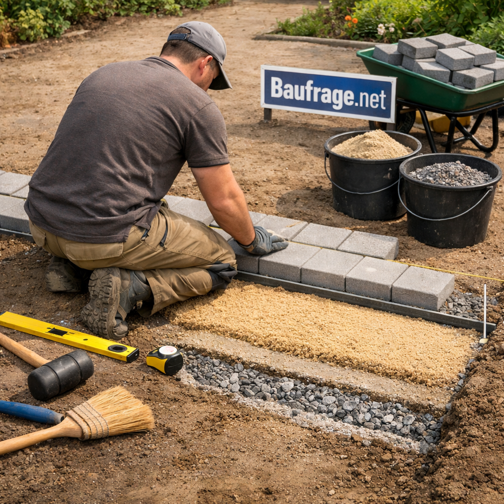 Pflastersteine selbst verlegen: Handwerker richtet Betonpflaster am Gartenweg mit Schnur und Wasserwaage aus.
