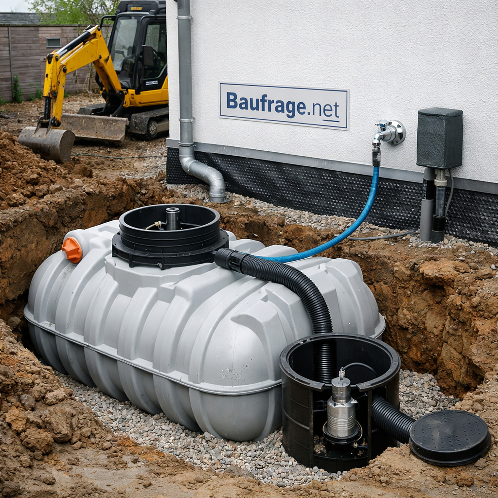Regenwasserzisterne nachrüsten: teilweise eingebaute Erdtank-Zisterne neben Haus, Bagger und Rohrleitungen.