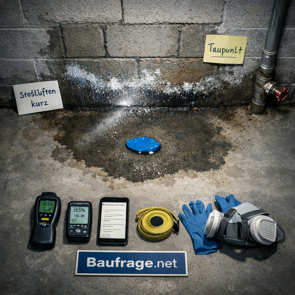 Feuchtigkeit im Keller: Draufsicht auf nasse Kellerwand, Messgeräte, Hygrometer und Notizen.