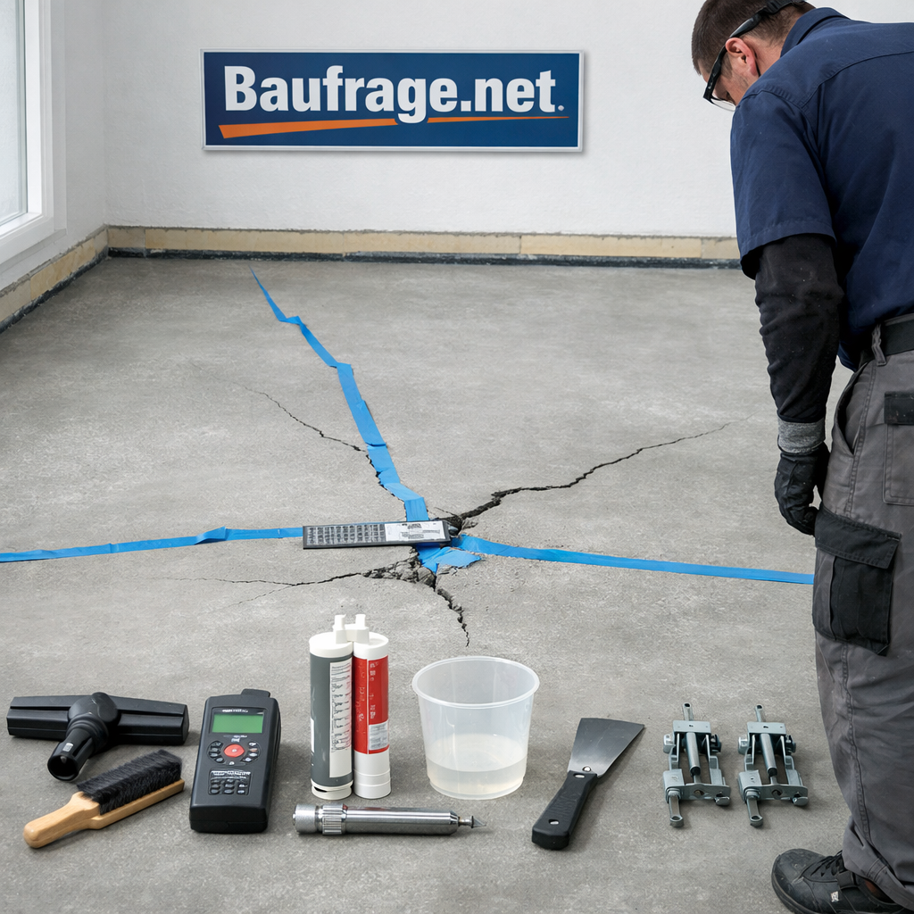 Fachmann prüft Estrich Risse Ursachen an grauem Estrich mit Maßstab, Tape und Werkzeugen.