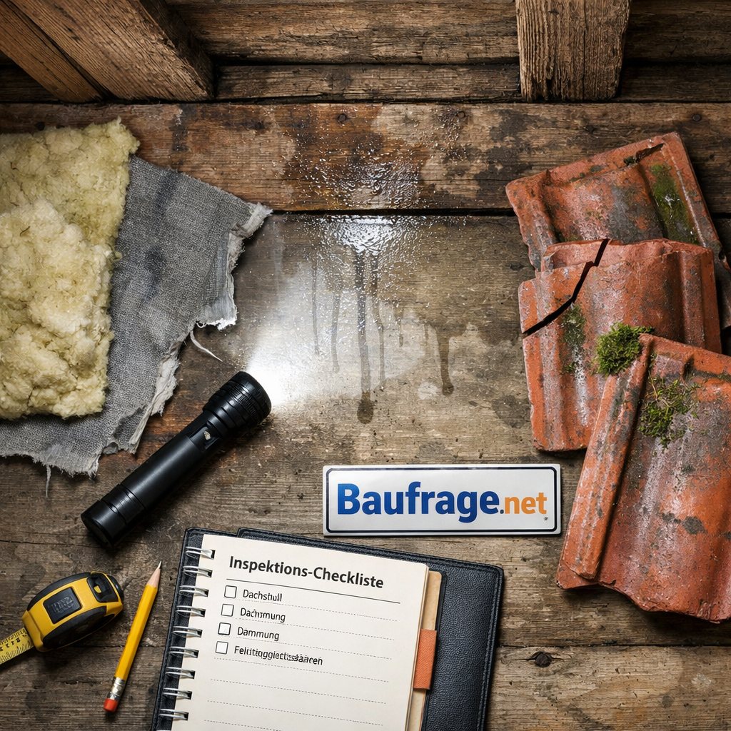 Dach neu decken wann: Dachboden-Inspektion mit Dämmung, Leckspuren, Taschenlampe, Werkzeug und alten Ziegeln
