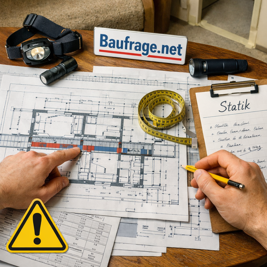 Draufsicht auf Baupläne; Hand markiert tragende Wand erkennen, mit Maßband, Stift und Notizen.
