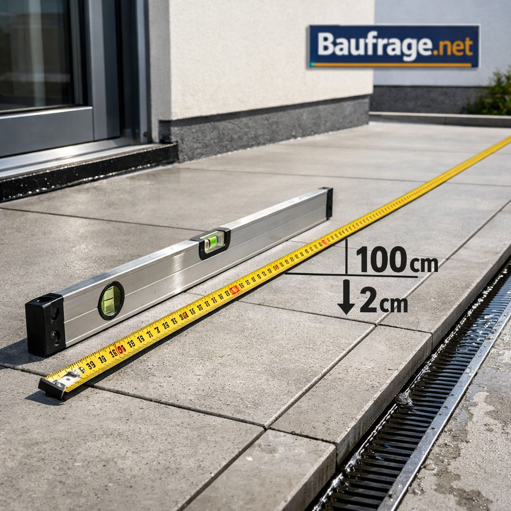 Gefälle Terrasse: Moderne Betonterrasse mit Wasserwaage, Maßband und sichtbarem Wasserablauf am Haus.