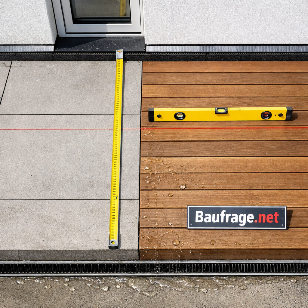 Gefälle Terrasse: Moderne Hausterrasse mit Betonplatten, Holzdeck, Maßband und Wasserwaage am Rand.