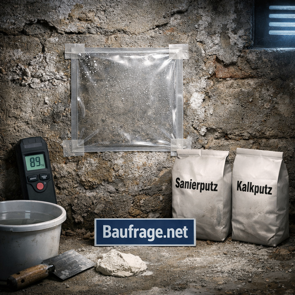 Feuchte Kellerwand mit Putzproben, Feuchtigkeitsmesser und Testfolie für Putz für feuchten Keller