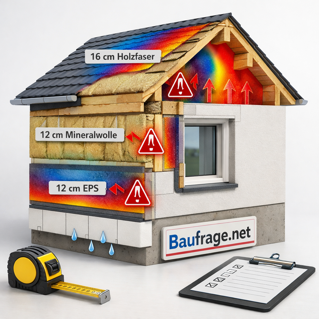 3D-Hausquerschnitt mit Dämmung an Wand, Dach und Keller; Wärmeverluste markiert. beste Dämmung Haus