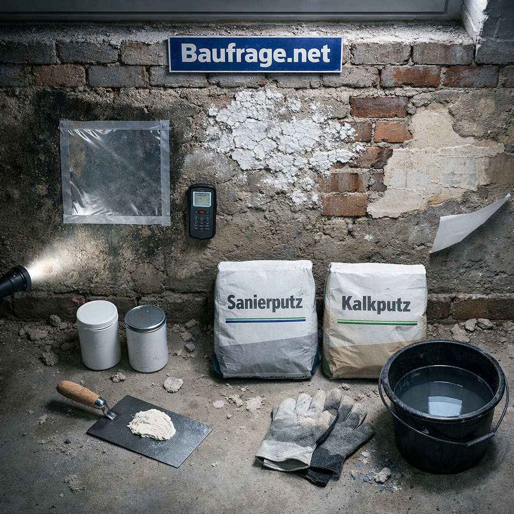 Putz für feuchten Keller: Kellerwand mit Feuchteschäden, Folientest, Messgerät und Sanierputz.