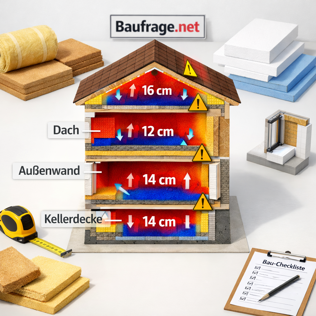 3D-Hausmodell mit Dämmstoffen, Wärmebild und Maßangaben für beste Dämmung Haus an Wand, Dach, Keller