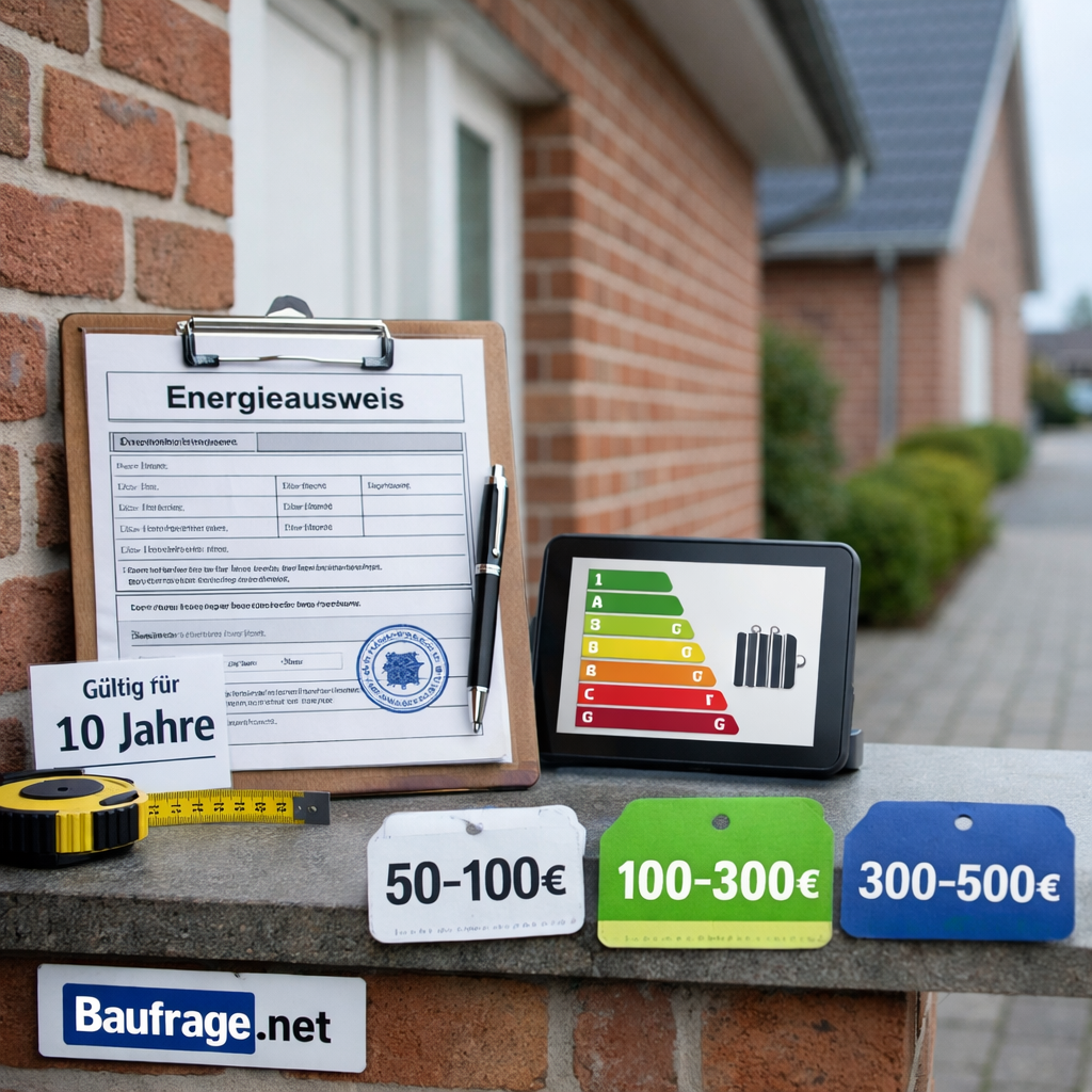 Energieausweis Kosten Einfamilienhaus an der Haustür mit Clipboard, Tablet, Maßband und Preisschildern.