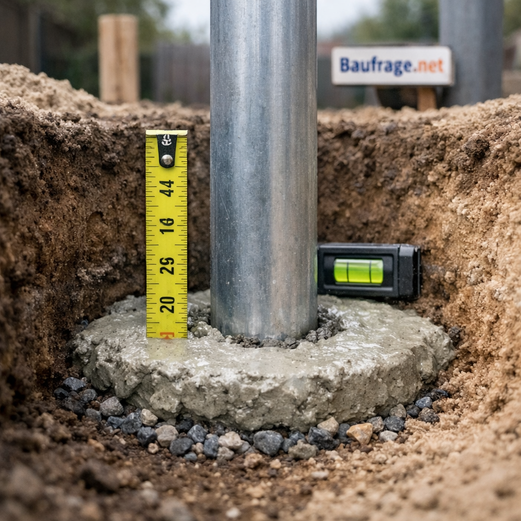 Zaunpfosten einbetonieren Tiefe: Metallpfosten im Erdloch mit Beton, Maßband und Wasserwaage.