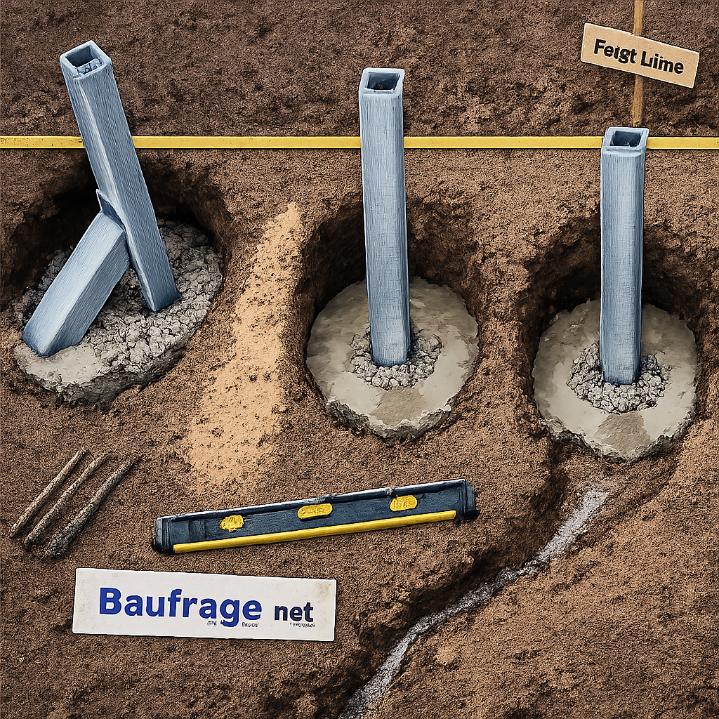 Zaunpfosten einbetonieren Tiefe: Drei Garten-Zaunpfosten mit Betonfundamenten, Maßband und Wasserwaage.